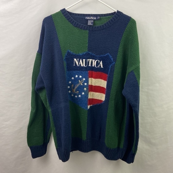Vtg Nautica Mens Shield Green Blue Sz L Sweater - Picture 2 of 9